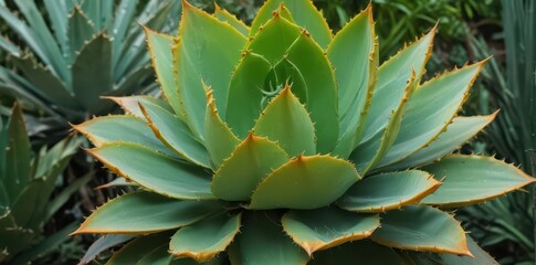 Fototapeta premium Agave succulent against vibrant green foliage , desert, plant photography