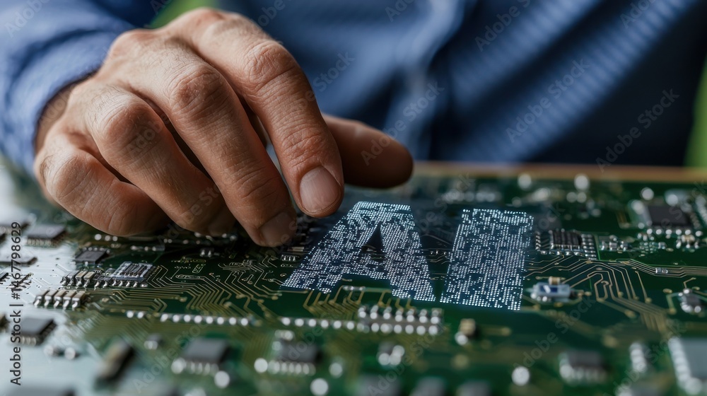 Poster a person is touching a computer chip with the letters ai on it