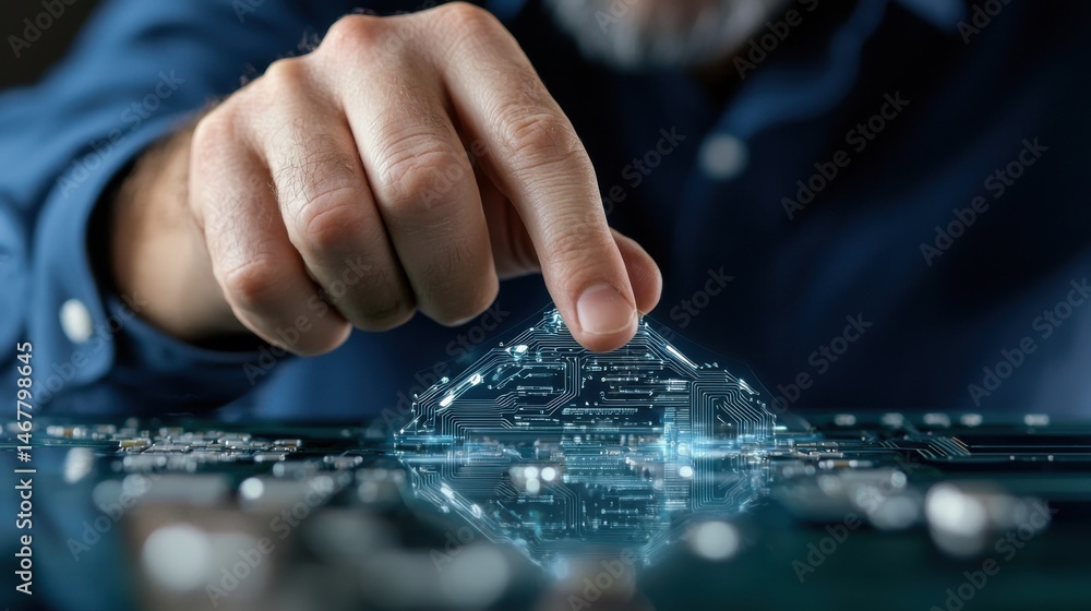 Poster a man is pointing at a computer chip