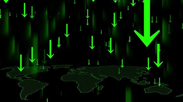 Downward Arrows Over World Map Animation, A world map in the background with numerous downward-pointing arrows overlaying it