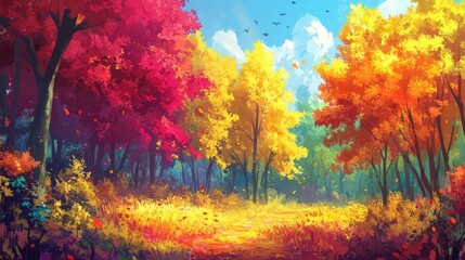 Vibrant autumnal forest path, painted with expressive brushstrokes and colorful foliage