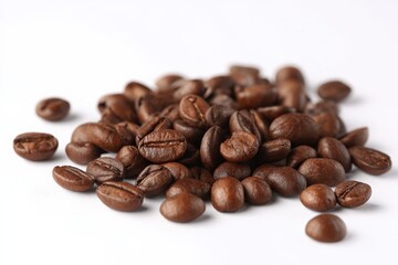 A close-up shot of roasted coffee beans scattered on a white background.  Rich, dark brown tones.