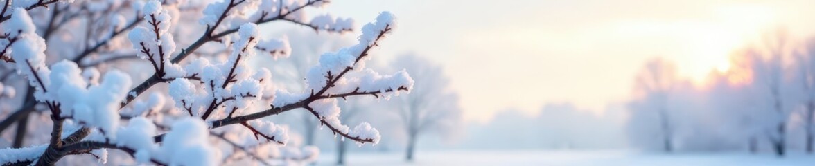 Obraz premium Frosted branches laden with snow against a pale winter sky , winter scene, card, january