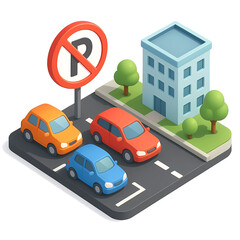 3D Illustration of Illegally Parked Cars on Urban Street in Colorful Isometric City &ndash; Traffic Violation and City Planning Concept