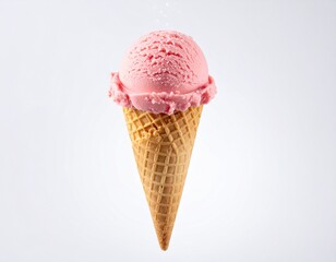 A highly realistic image of a floating waffle cone with a smooth scoop of banana and chocolate sauce ice cream, captured mid-air against a clean white background. The ice cream appears rich and creamy