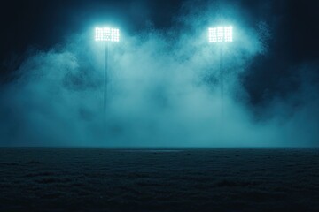 Empty field at night, lit by stadium lights through fog