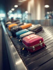 Baggage Carousel at Airport With Various Colorful Suitcases Arriving for Travelers During Busy Travel Hours Generative AI
