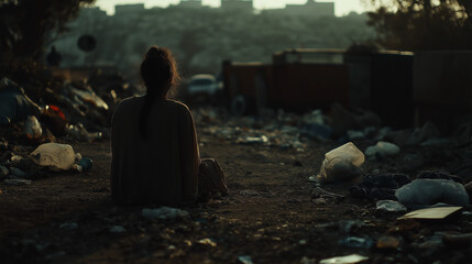 Lonely woman among garbage