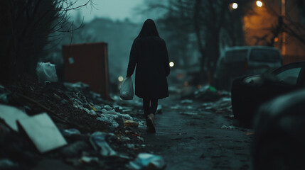 Lonely woman among garbage