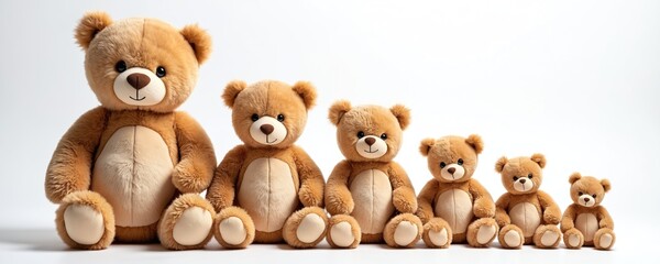 Group of teddy bears sitting side by side. Soft toy bears of different sizes on white background. Brown fur, cute bear face. Family of teddy bears, concept of love, childhood joy.