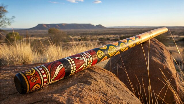 Photograph of a didgeridoo resting on rocks