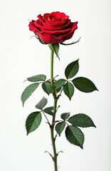 Beautiful red rose isolated on white. Blooming flower with long stem and green leaves. Floral design element for Valentine Day, wedding, birthday, romantic greeting cards. Nature object.