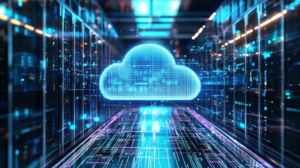 digital cloud, AI elements, sleek futuristic design, intricate computer network, vibrant blue and purple hues, high-tech gadgets, glowing lines, modern workspace, detailed circuit patterns, holographi