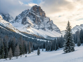 Fototapeta premium A majestic snow-capped mountain peak rises above a pristine winter landscape, its slopes covered in snow and surrounded by a dense evergreen forest.