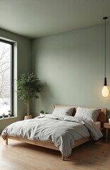 Minimalist bedroom interior olive green walls. Wooden bed frame grey bedding. Decorative tree near window. Modern design, natural light. Comfortable, cozy, relaxing atmosphere. Ideal for home decor