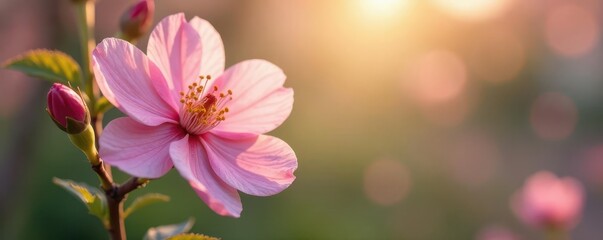 Obraz premium Delicate pink bloom melting in soft morning light, pastel springtime scene , sunrise, soft focus, gentle