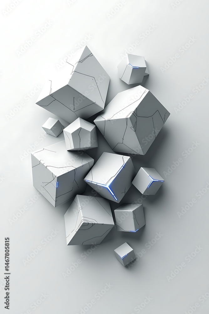 Poster abstract composition of white 3d cube shapes with cracked surface details and glowing blue edges flo