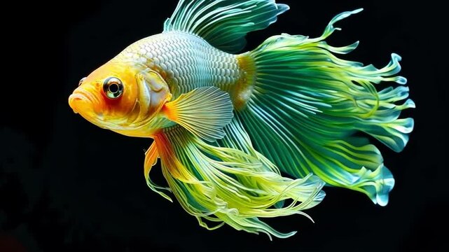 Close-up of betta fish with long flowing fins on dark background. Exotic colorful pet in an aquarium. Aquatic animal. Artistic depiction of wildlife.