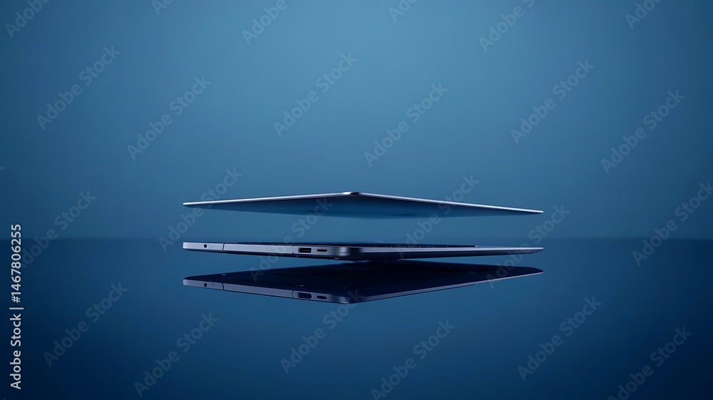 Poster modern laptop computer on blue background for technology product presentation with clean minimalist 