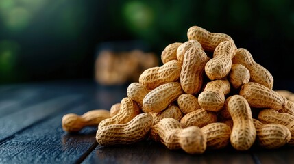 A pile of peanuts on a wooden table