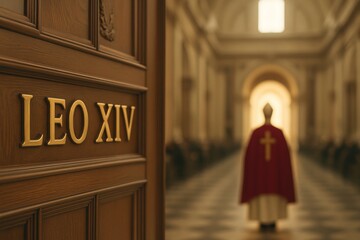 A symbolic image  commemorating the election of Pope Leo XIV. The image features a close-up of a grand wooden door inscribed with “LEO XIV” in gold letters. In the background, a newly elected pope