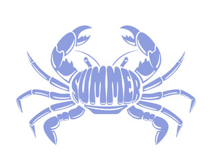 This vector illustration features a stylized blue crab adorned with the word SUMMER emblazoned across its body. The vibrant design captures the essence of coastal fun and beach life, perfect for