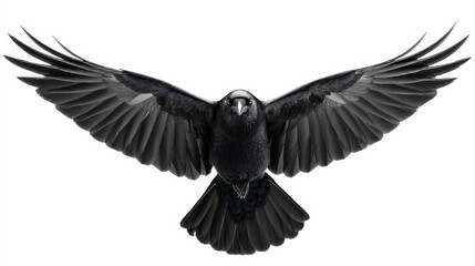 Black Raven in Flight - Majestic black raven with wings spread wide, symbolizing freedom, mystery, intelligence, darkness, and power