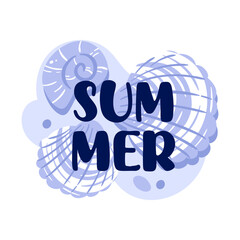 vector illustration showcases the word summer, elegantly surrounded by stylized seashells and playful bubbles, all set against a serene light blue color scheme, evoking a refreshing coastal vibe.