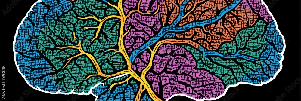 Poster brain structure and neural pathways - abstract illustration of the human brain, showcasing intricate