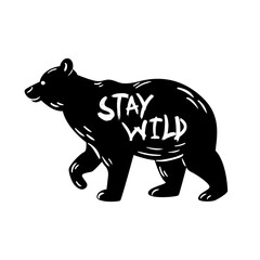 vector illustration features a majestic bear. With the inspiring phrase Stay Wild included, it embodies a spirit of adventure and connection with nature, promoting wildlife conservation.