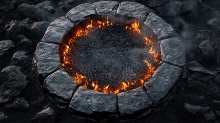 Fiery Ring of Embers in Volcanic Rock Formation