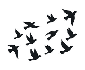 Ten Black Silhouettes of Doves in Flight Against a White Background