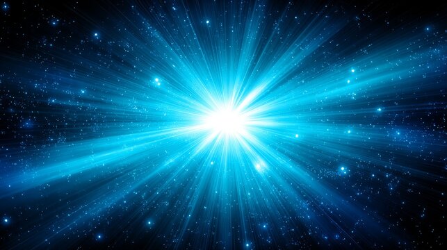 Celestial Burst of Light - Bright blue light radiating outwards, resembling a starburst or explosion in space, set against a dark blue background speckled with stars