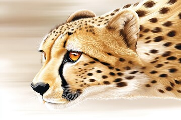 Cheetah Portrait: Wild Beauty - Close-up of a cheetah's head and shoulders, showcasing its striking features and spotted coat. The background is a muted beige