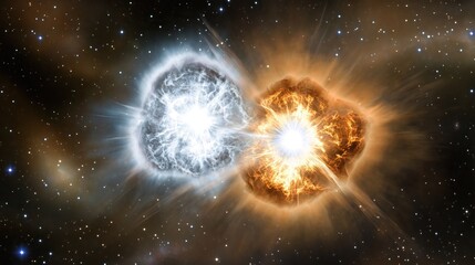 Fototapeta premium awe inspiring cosmic ballet of two celestial bodies colliding surrounded by myriad of stars in cosmos