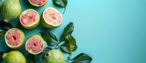 Green guava and fresh leaves arranged on colorful background. Top down aerial view of fruit with peel and pink flesh. Flat lay composition with copy space for tropical fruit and food design. AIG55.