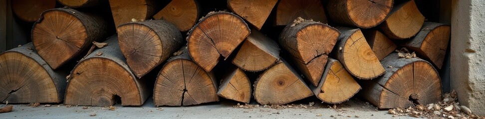 Naklejka premium A weathered stack of seasoned firewood against a rustic backdrop , aged, logs, rough