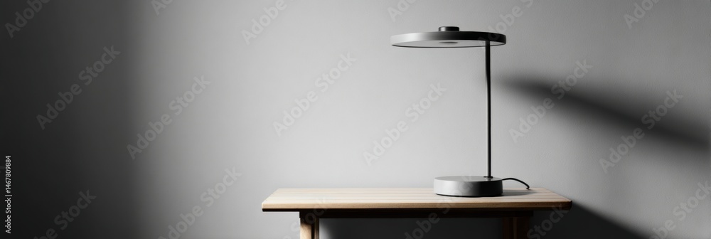 Aufkleber minimal desk lamp illuminating a simple wooden table against a gray wall in a modern interior settin