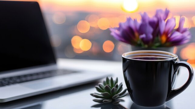 A laptop is open on a table with a cup of coffee and a vase of purple flowers - Powered by Adobe