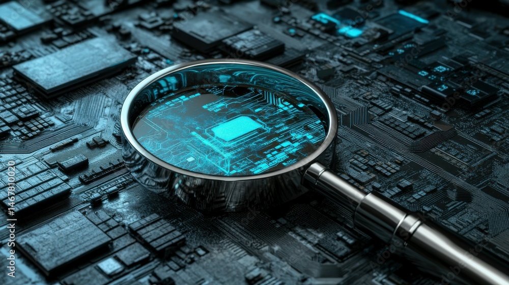 Poster magnifying glass over digital data security in virtual cybersecurity environment