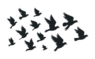 Silhouette of a Flock of Doves in Flight Peaceful Birds Soaring