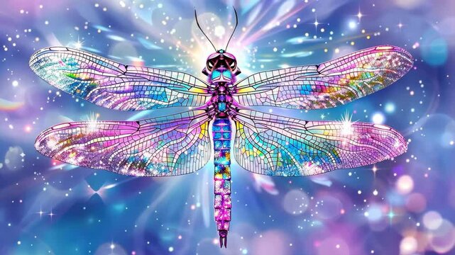 Dreamy glowing dragonfly digital animation. Mystic insect illustration. Fairy tale background with shimmering stars. Magical fantasy art with iridescent colors.