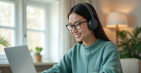 Happy Asian student with eyeglasses, headphones online learning using laptop computer. Smiling girl studies remotely at home, taking class, virtual meeting, video call. E-learning, education, online