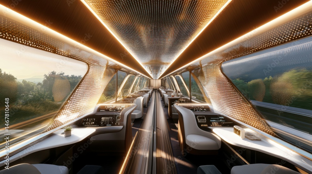 Poster futuristic high tech train compartment with illuminated interfaces and sleek modern design