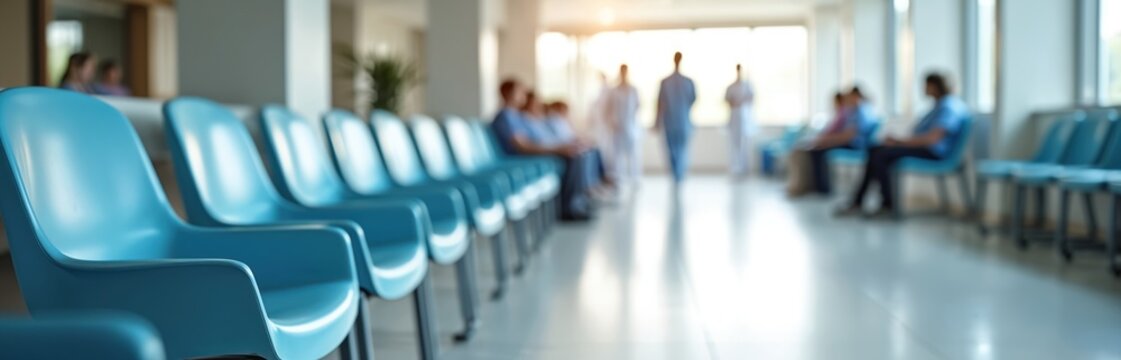 Blue chairs in hospital waiting area with people. Clean, organized interior design. Patients, doctors blurred background. Healthcare facility, medicine, medical environment.