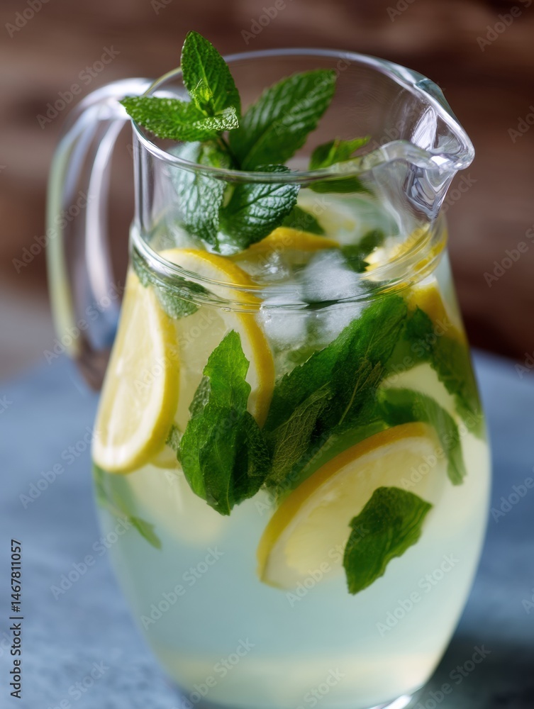 Poster refreshing lemonade pitcher with mint leaves and lemon slices on a sunny day generative ai