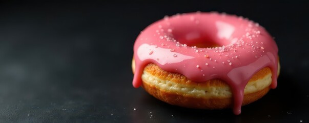 Glazed donut on black, showcasing its texture and glaze , food photo, dessert, breakfast