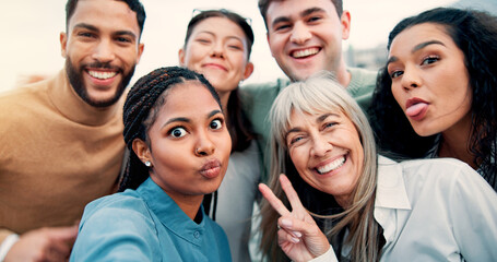 Funny face, peace sign and selfie of business people in city together for collaboration, unity or...