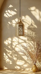 A gold lantern hangs from the ceiling, casting a shadow on the wall