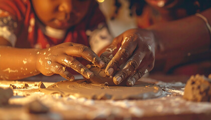 Hands-on Creation: A close-up shot reveals the collaborative spirit as hands mold and shape clay, creating a tangible expression of imagination and shared moments.